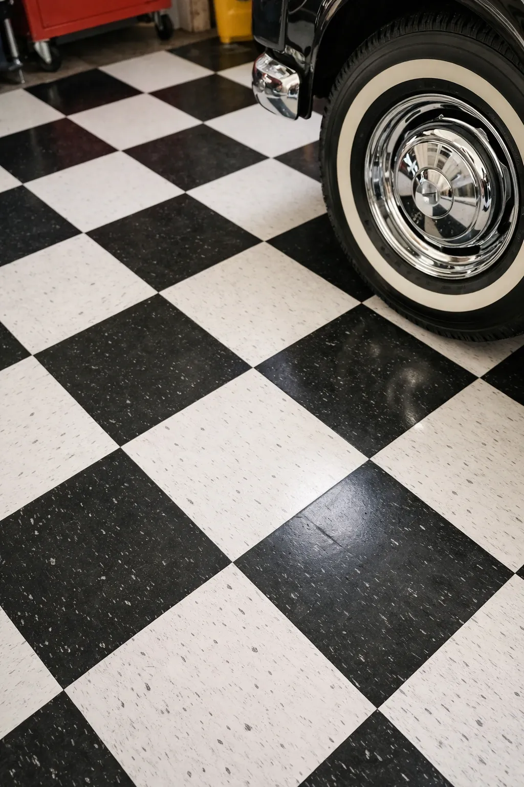 black and white checkered tiles in a garage