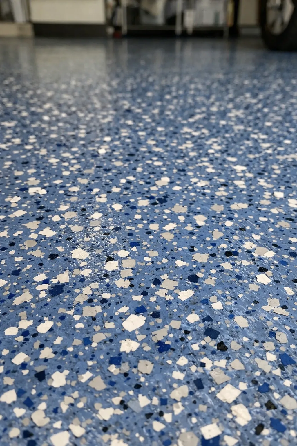 blue flake epoxy in a garage
