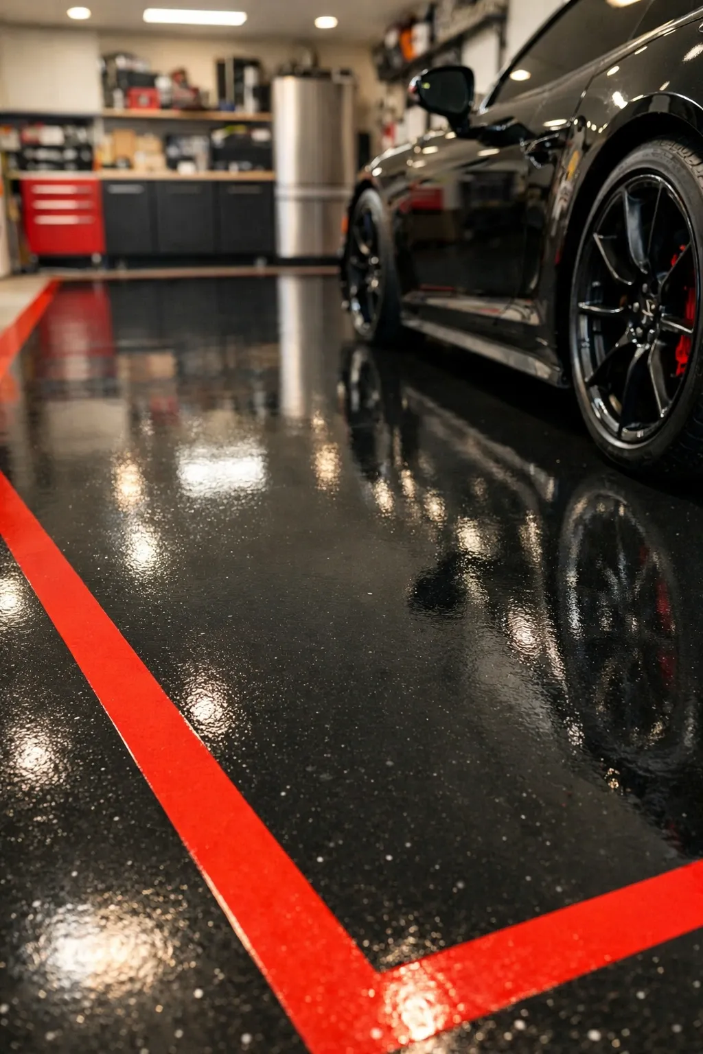 glossy black with red accents in a garage
