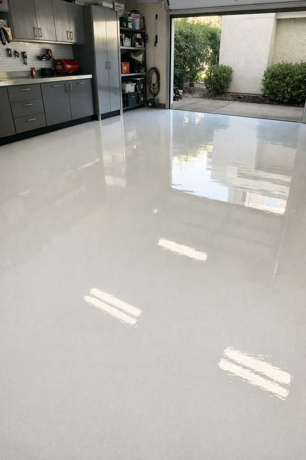 glossy white epoxy in a garage