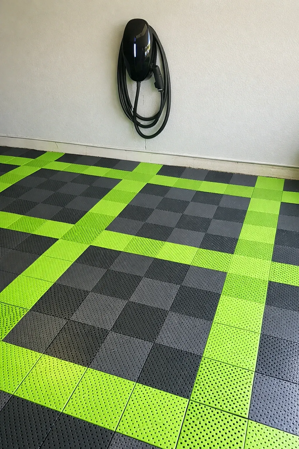 neon green and grey grid in a garage