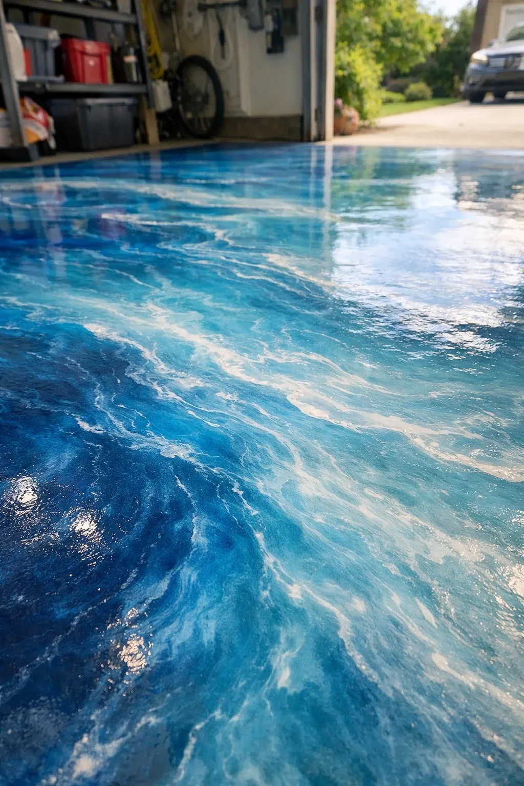 ocean blue swirl epoxy in a garage