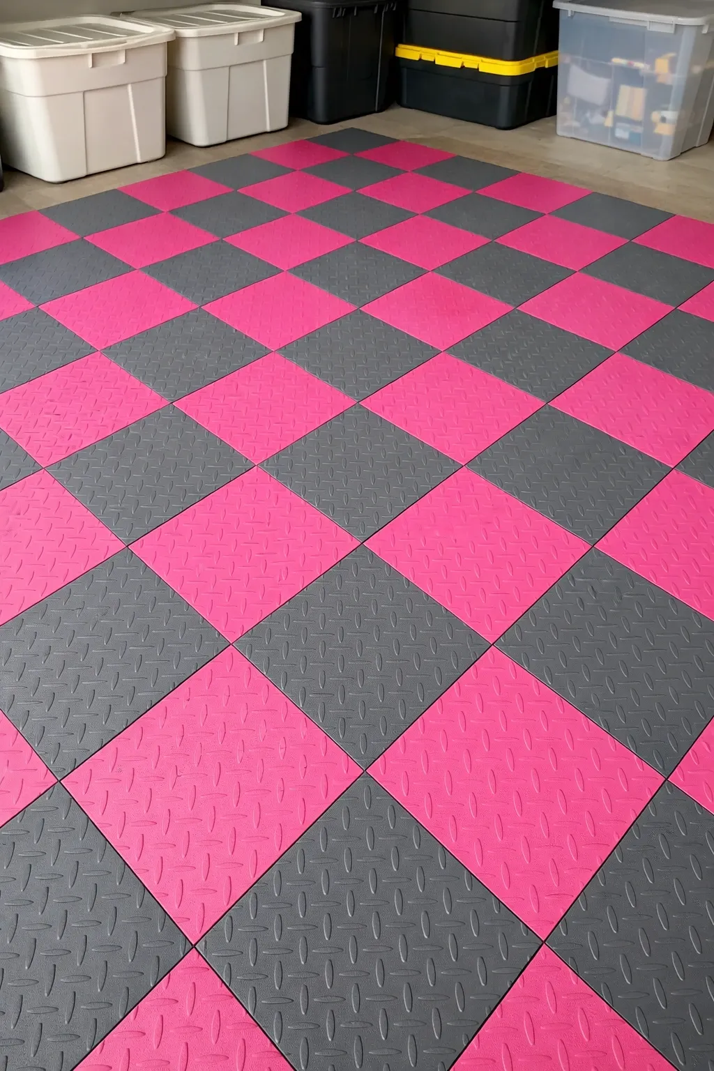 pink and grey grid pattern in a garage