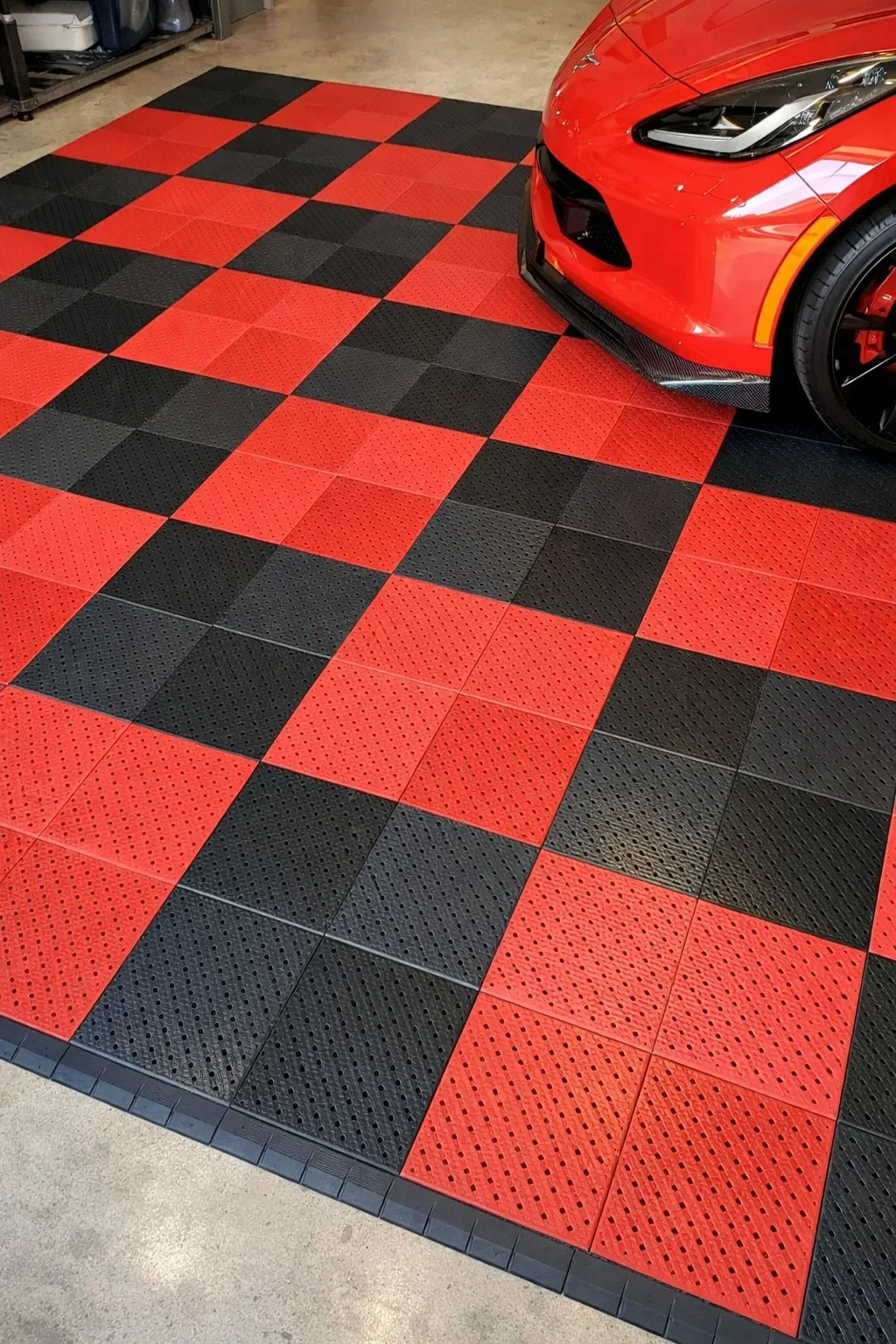 red and black floor in a garage