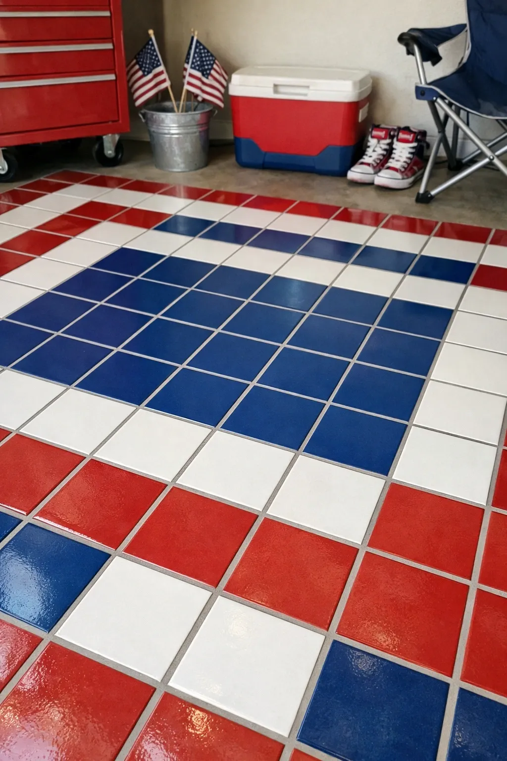 red, white, and blue pattern in a garage