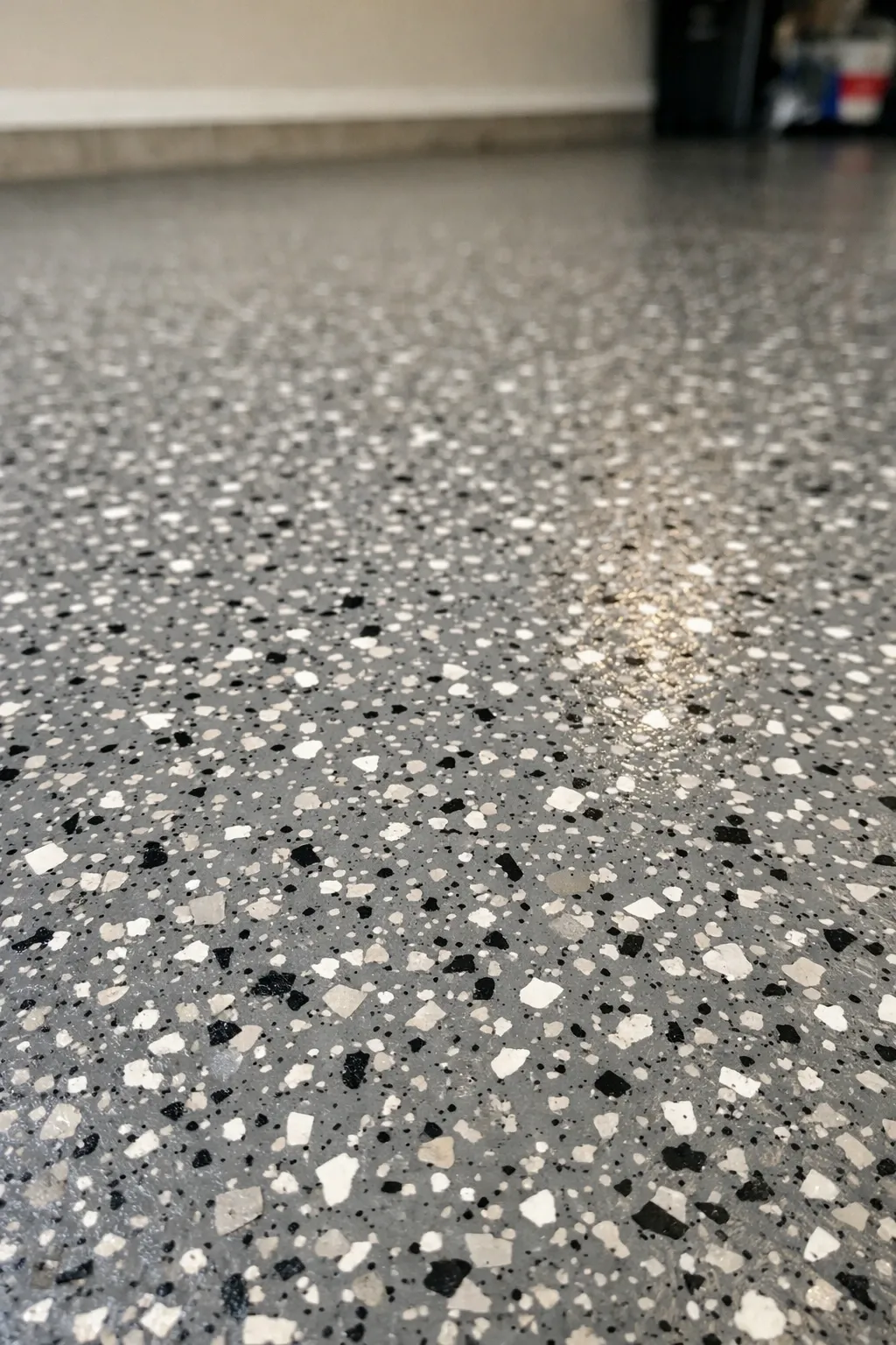 speckled grey epoxy in a garage