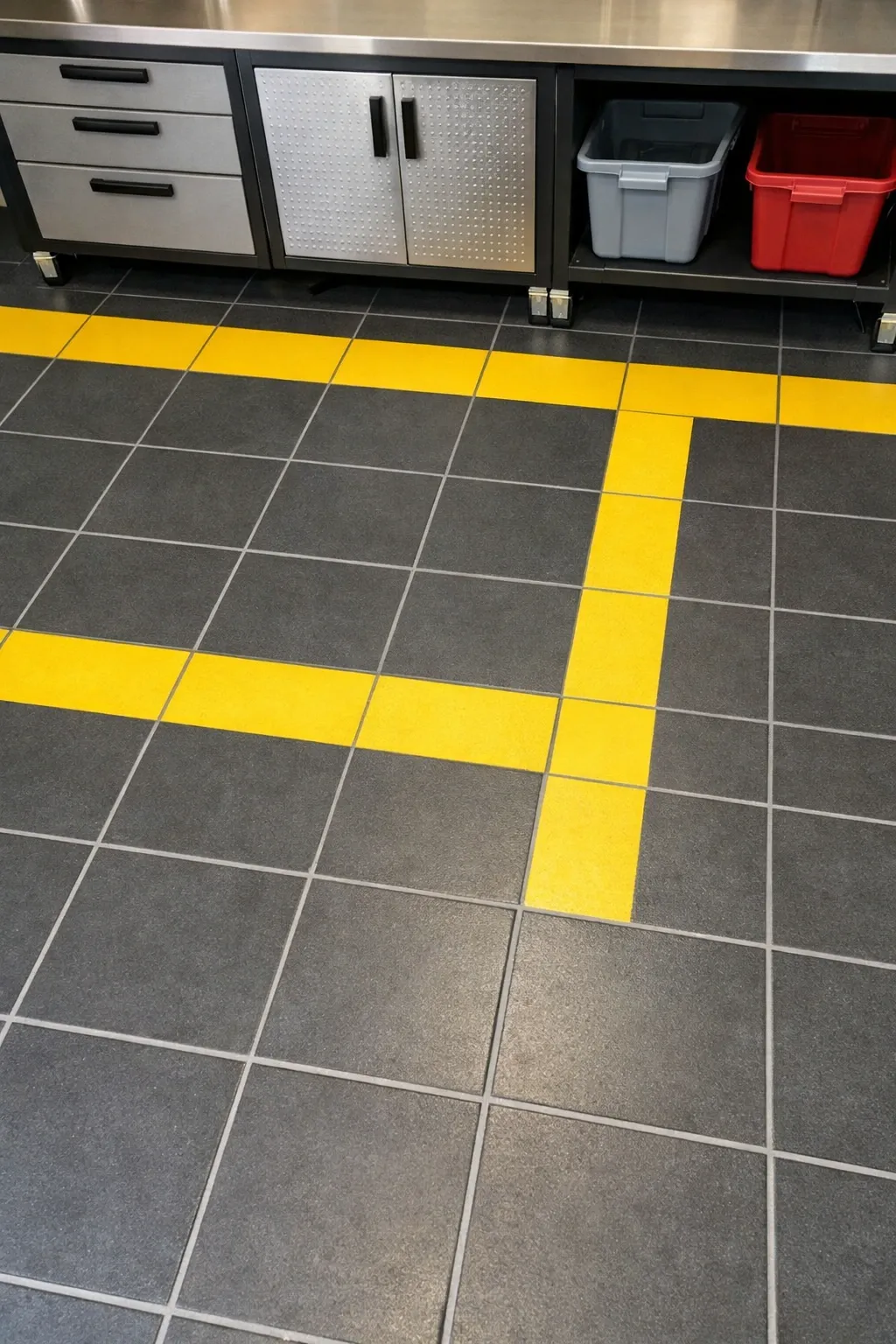 yellow accent grid tiles in a garage