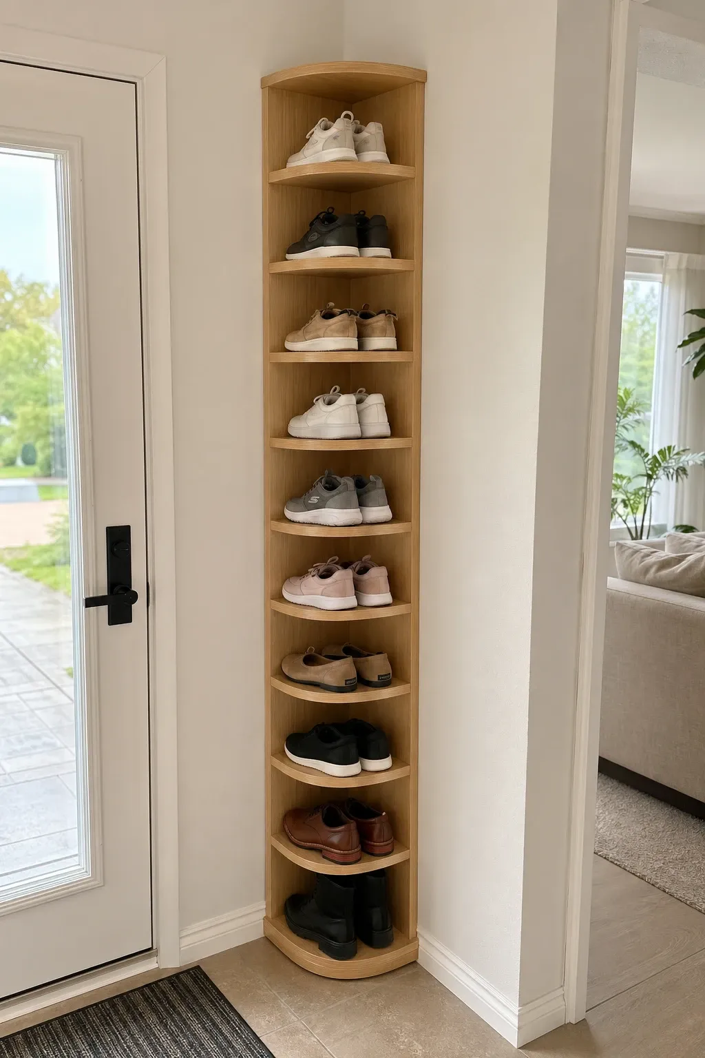 corner shoe tower in a entryway