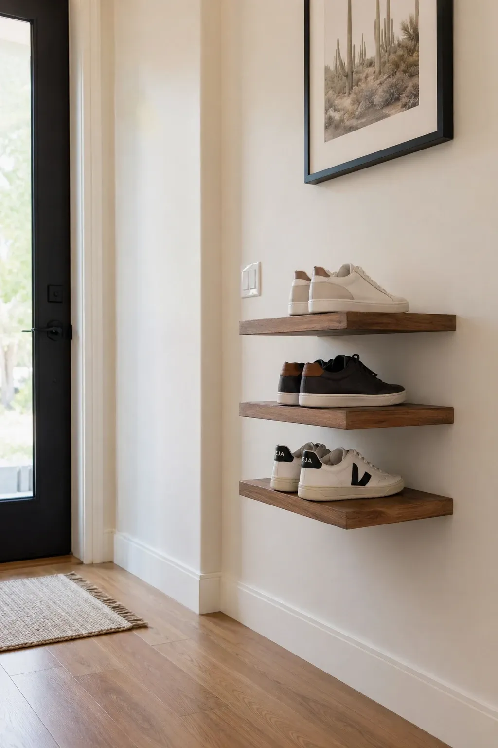 floating wall-mounted shelves in a entryway