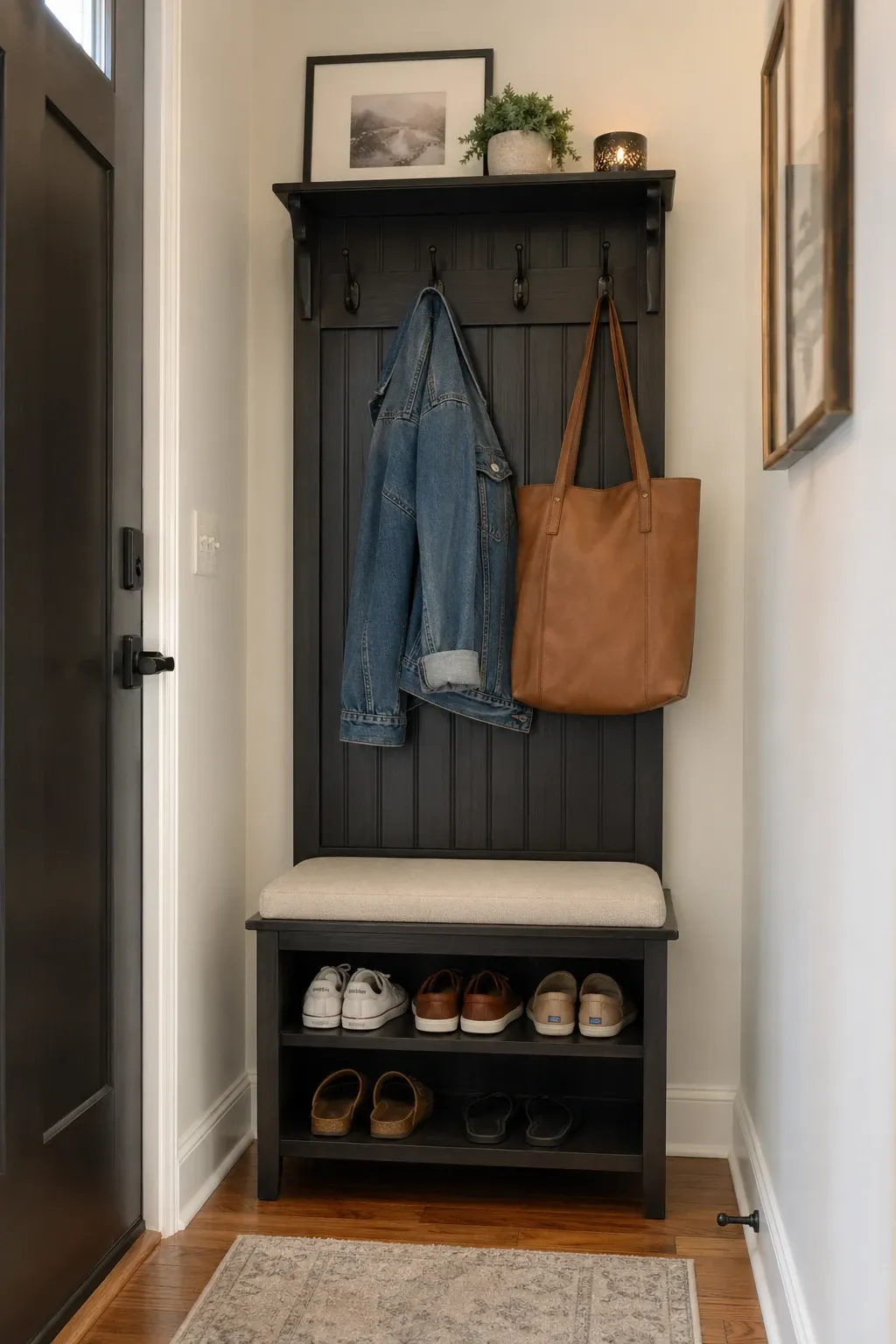 hall tree with integrated storage in a entryway