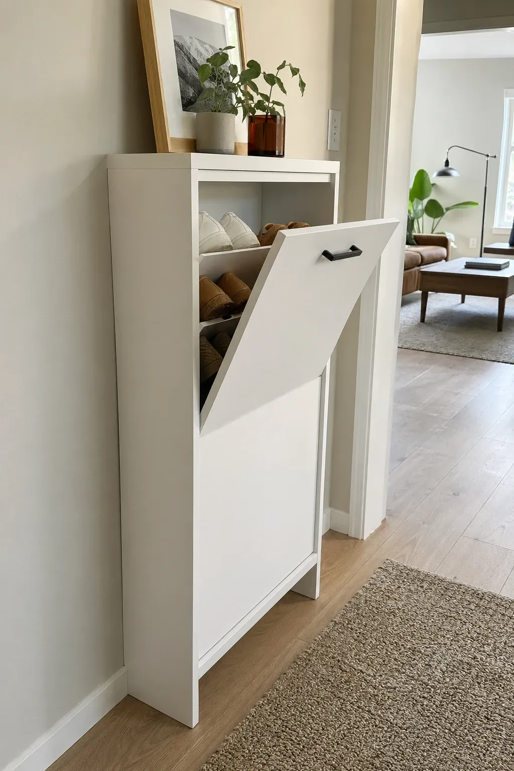 slim tilt-out shoe cabinet in a entryway