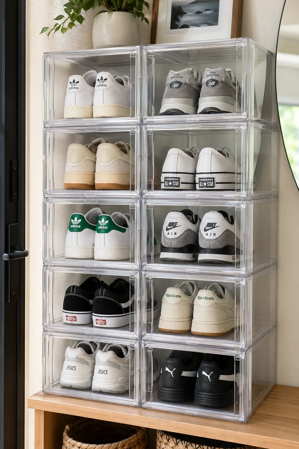 stackable clear acrylic bins in a entryway