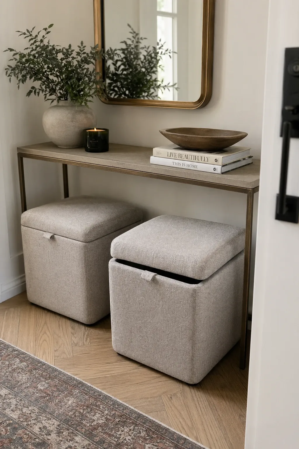 under-console storage ottoman in a entryway