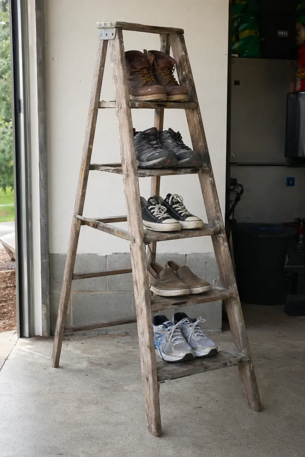 a-frame ladder shelf in a garage