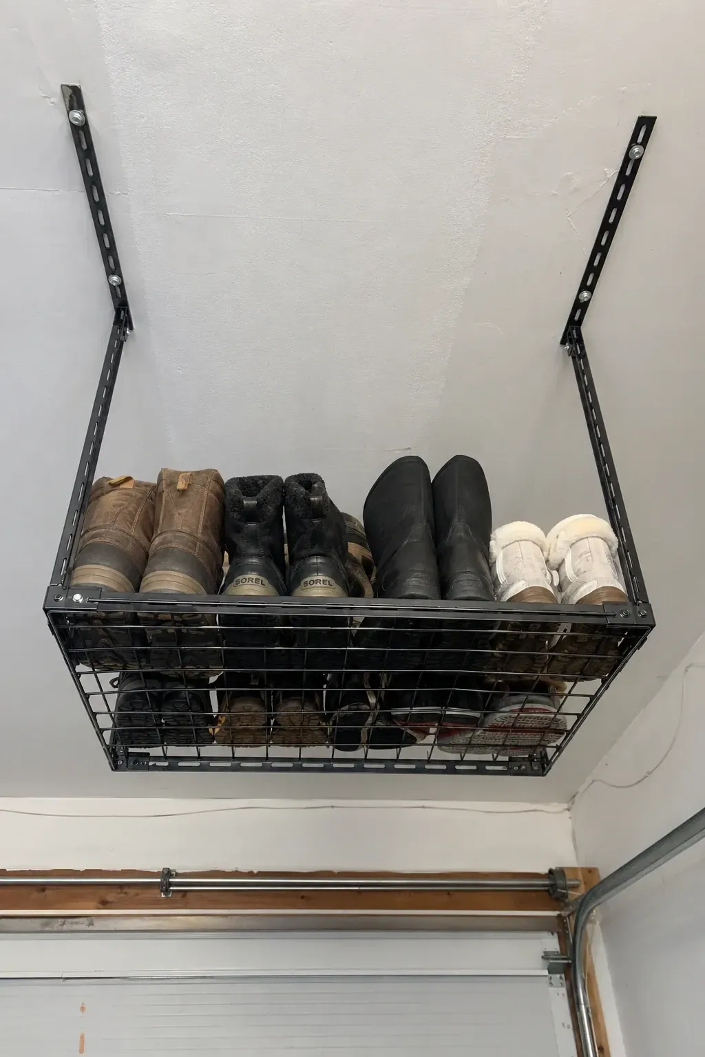 ceiling-mounted hanging rack in a garage