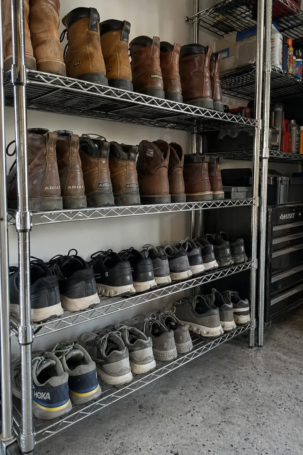 heavy-duty wire racks in a garage