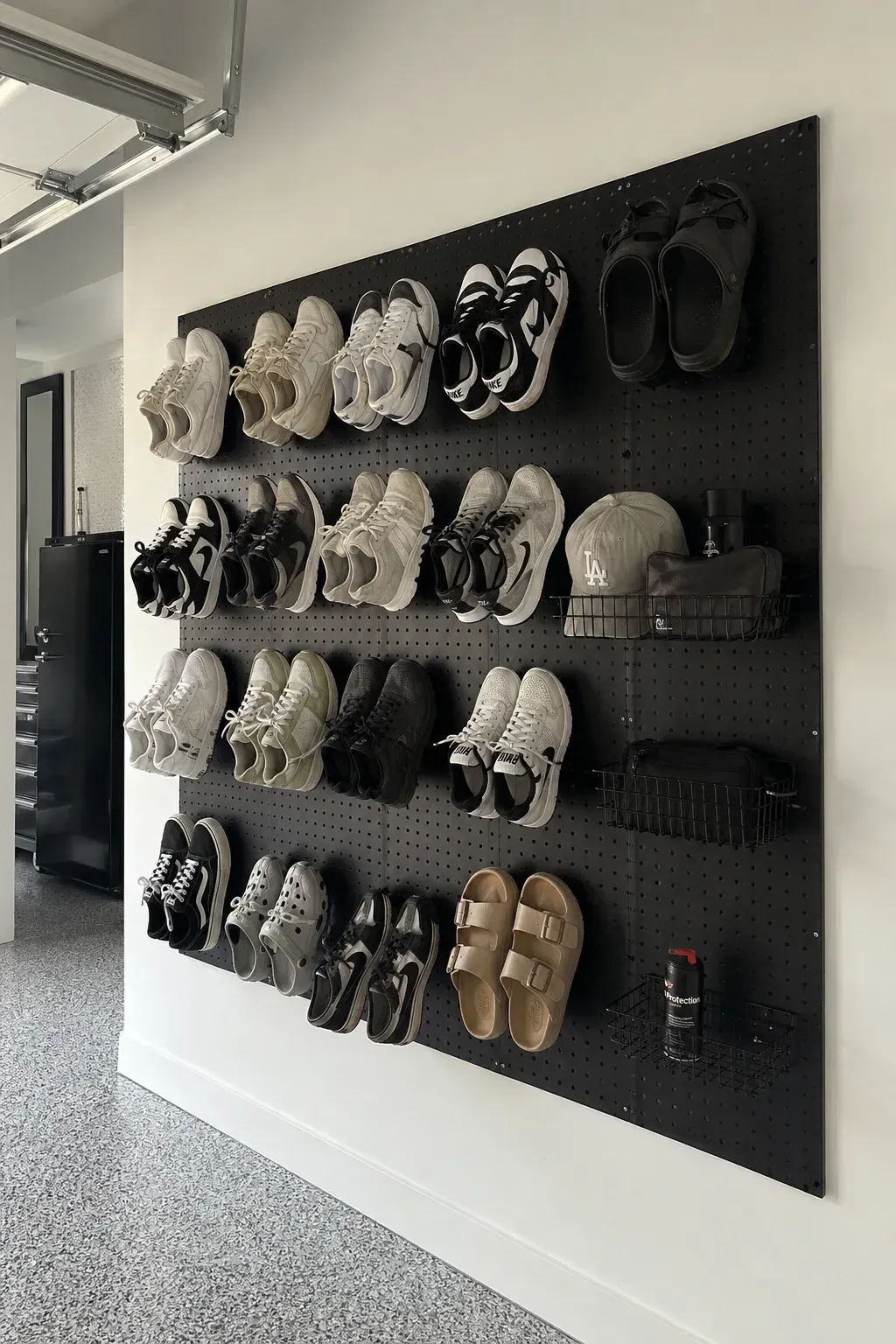 pegboard with custom hooks in a garage