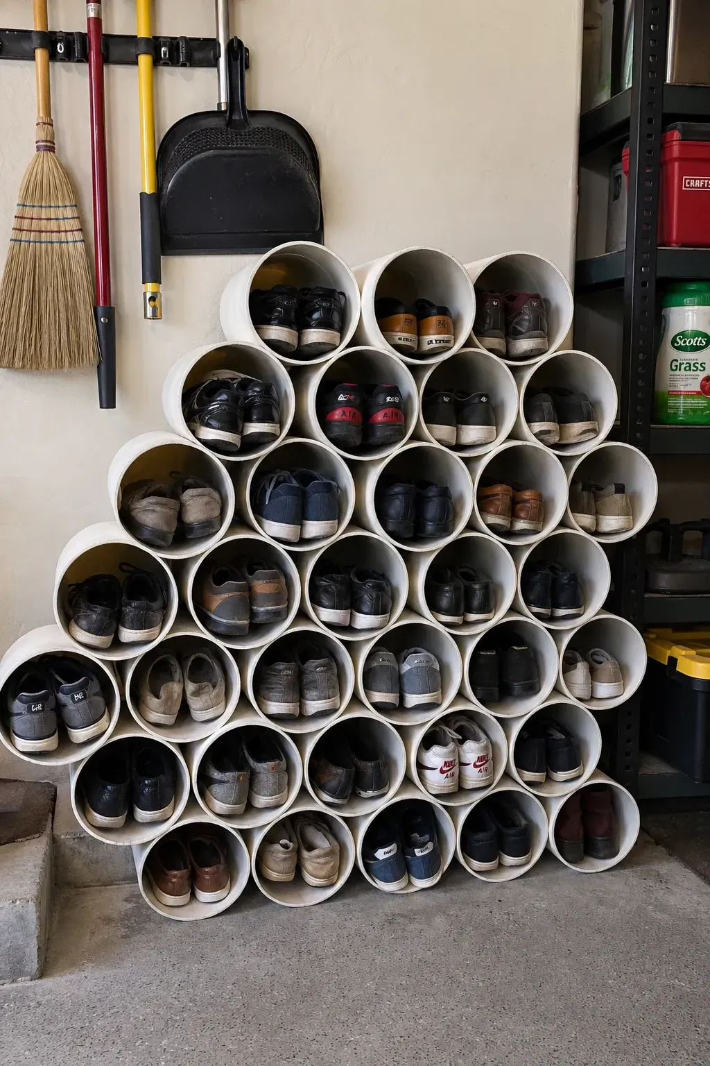 pvc pipe honeycomb rack in a garage