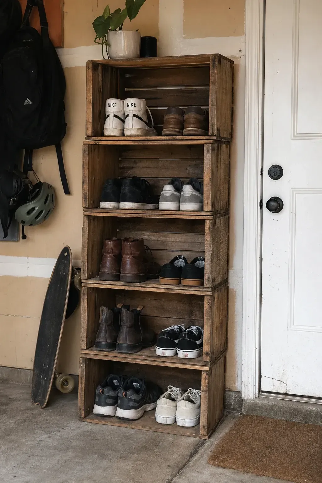 repurposed wooden crates in a garage