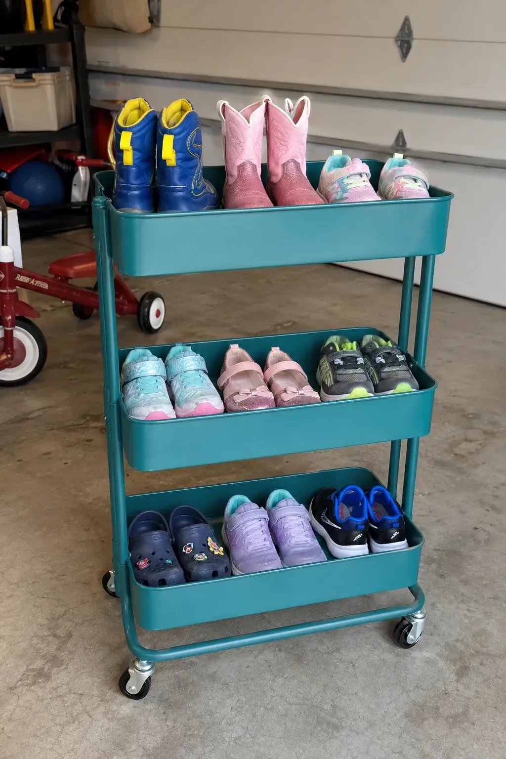 rolling utility cart in a garage