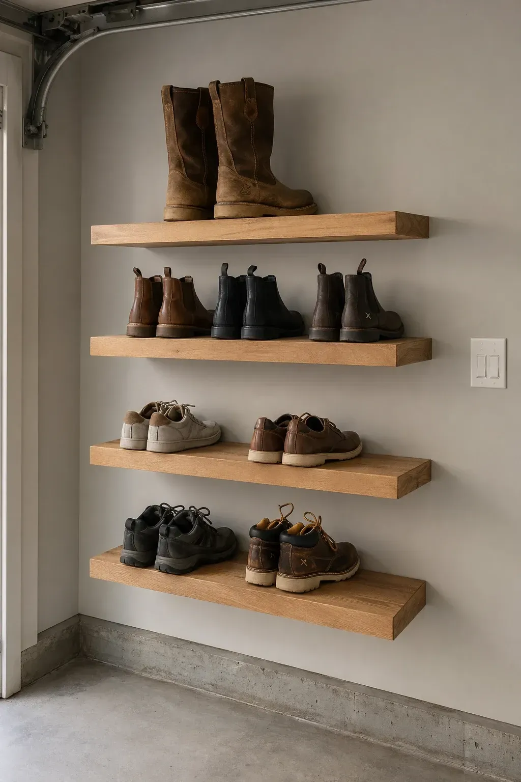 wall-mounted floating shelves in a garage