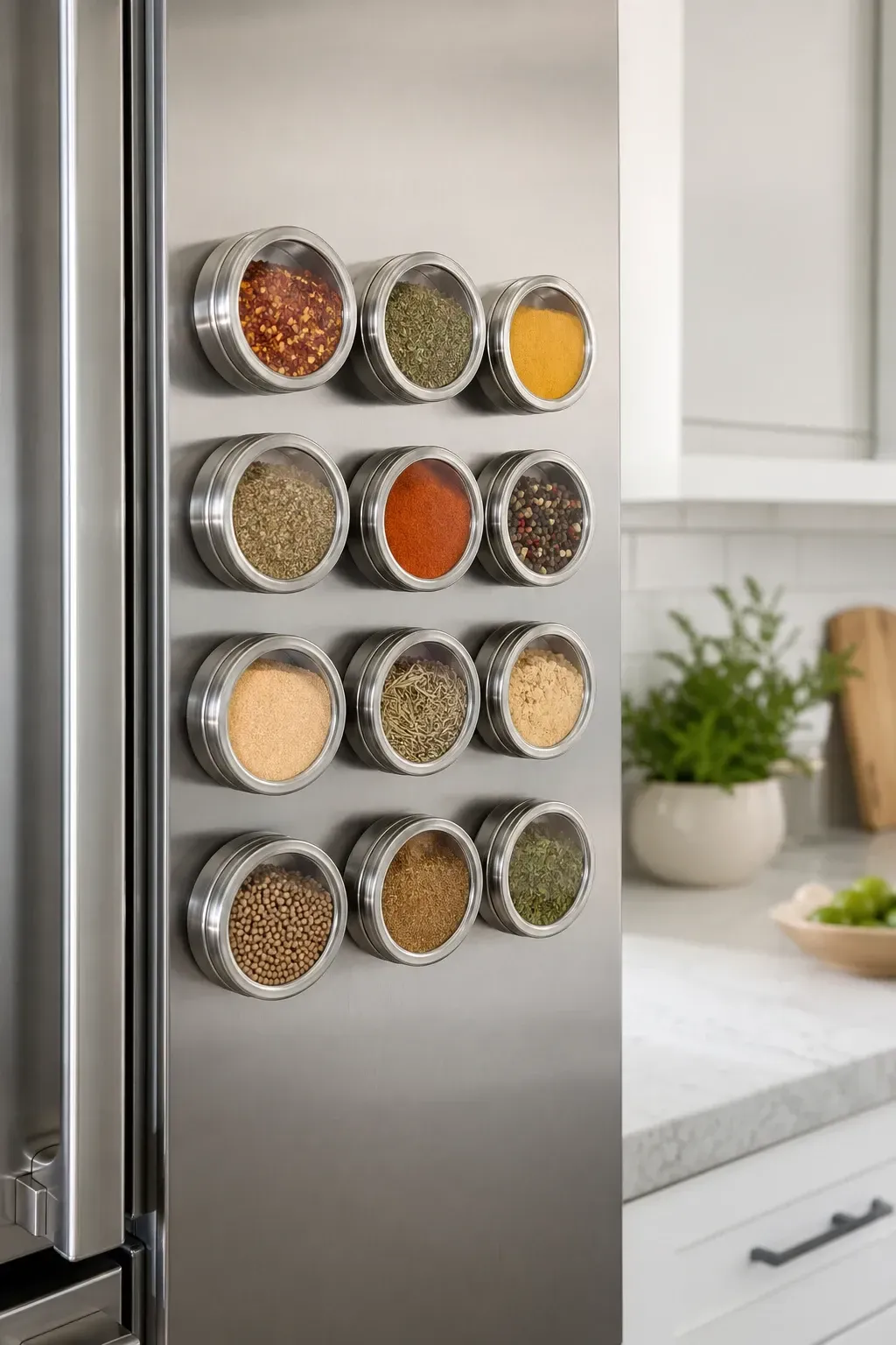 magnetic spice jars on the refrigerator