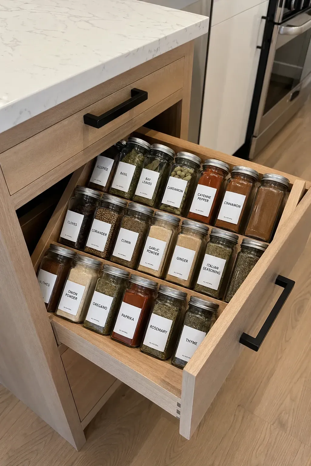 spice drawer with angled inserts