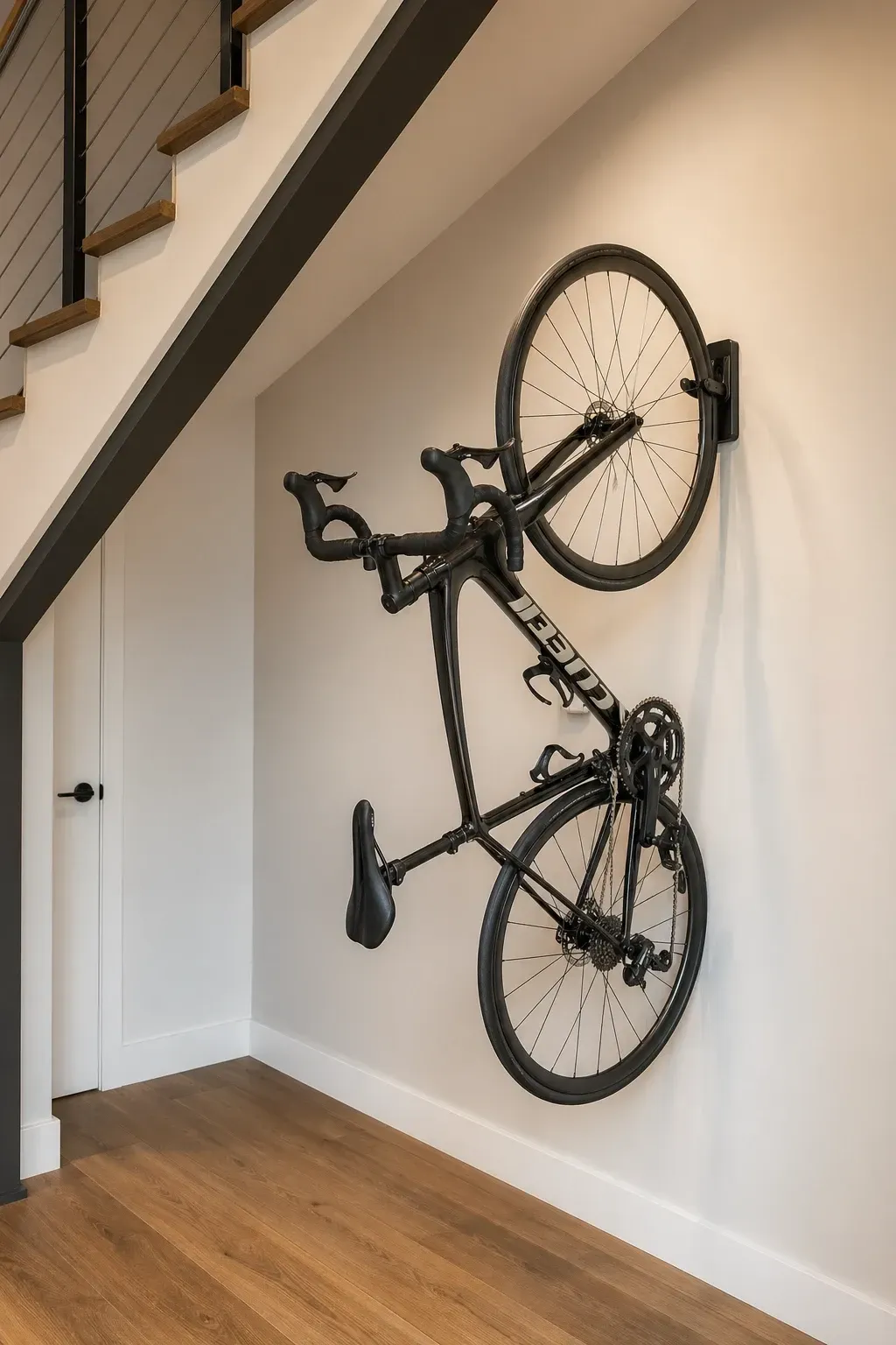 bike and sports gear rack in a stairs