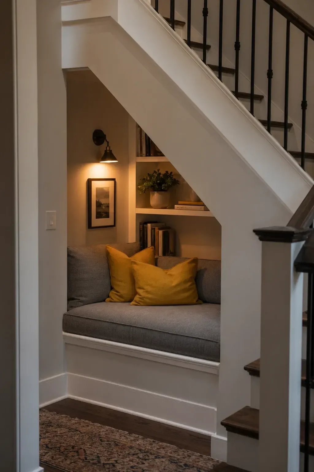cozy reading nook in a stairs