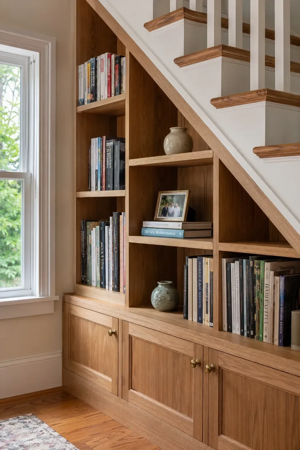custom built-in shelving in a stairs