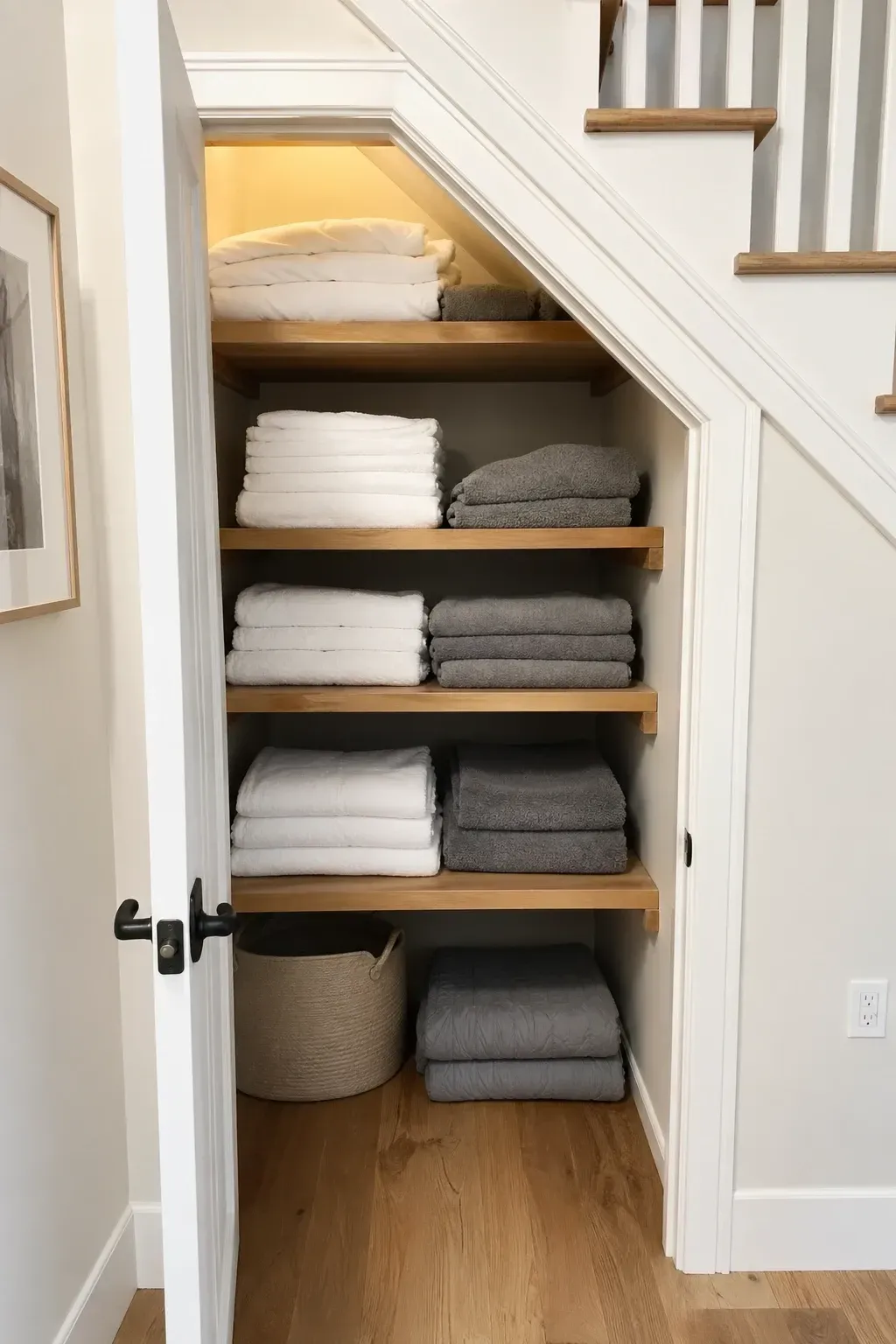 linen and utility closet in a stairs