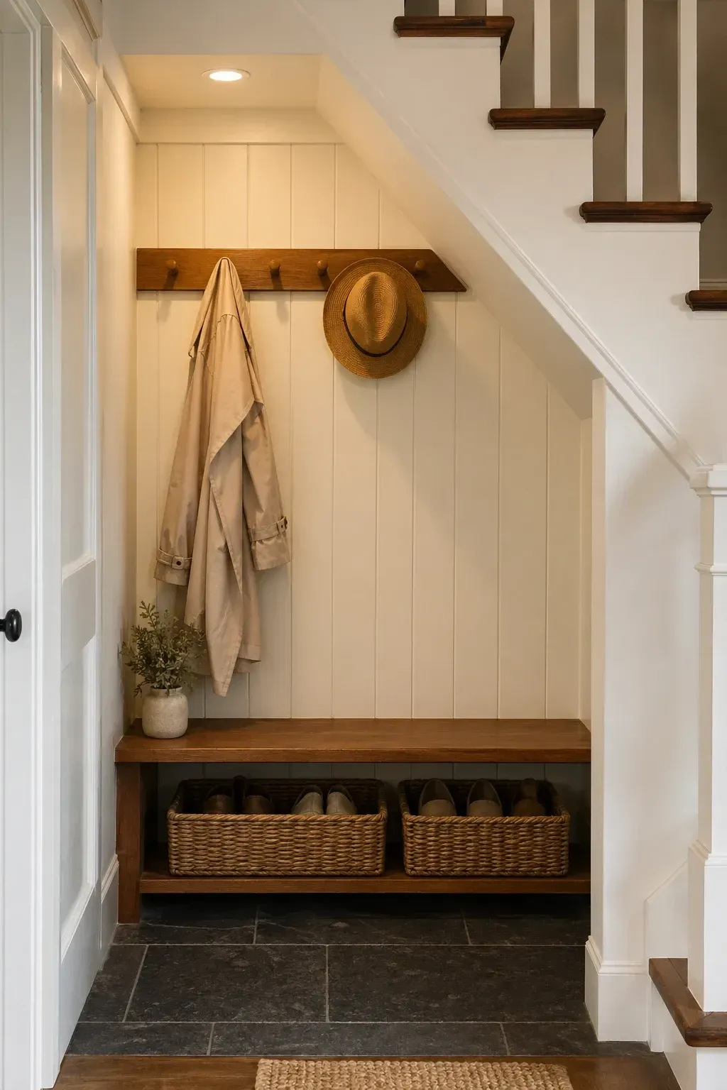 mudroom and coat storage in a stairs
