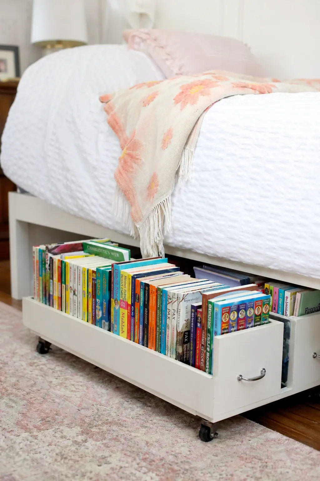 under-bed bookshelf on casters