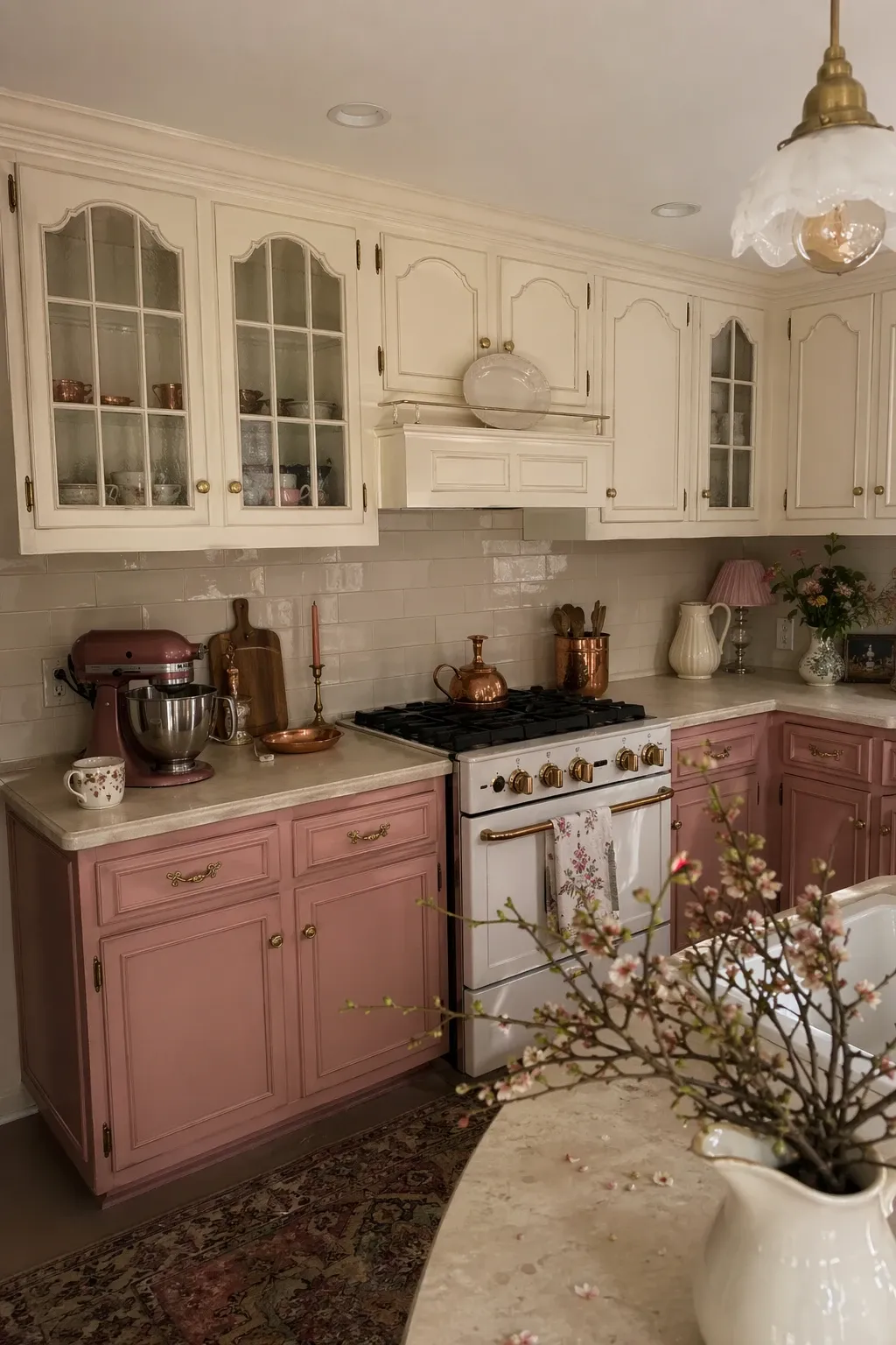 antique cream and dusty rose in a kitchen