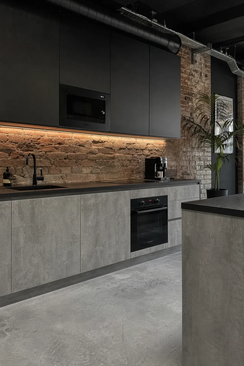 concrete grey and matte black in a kitchen