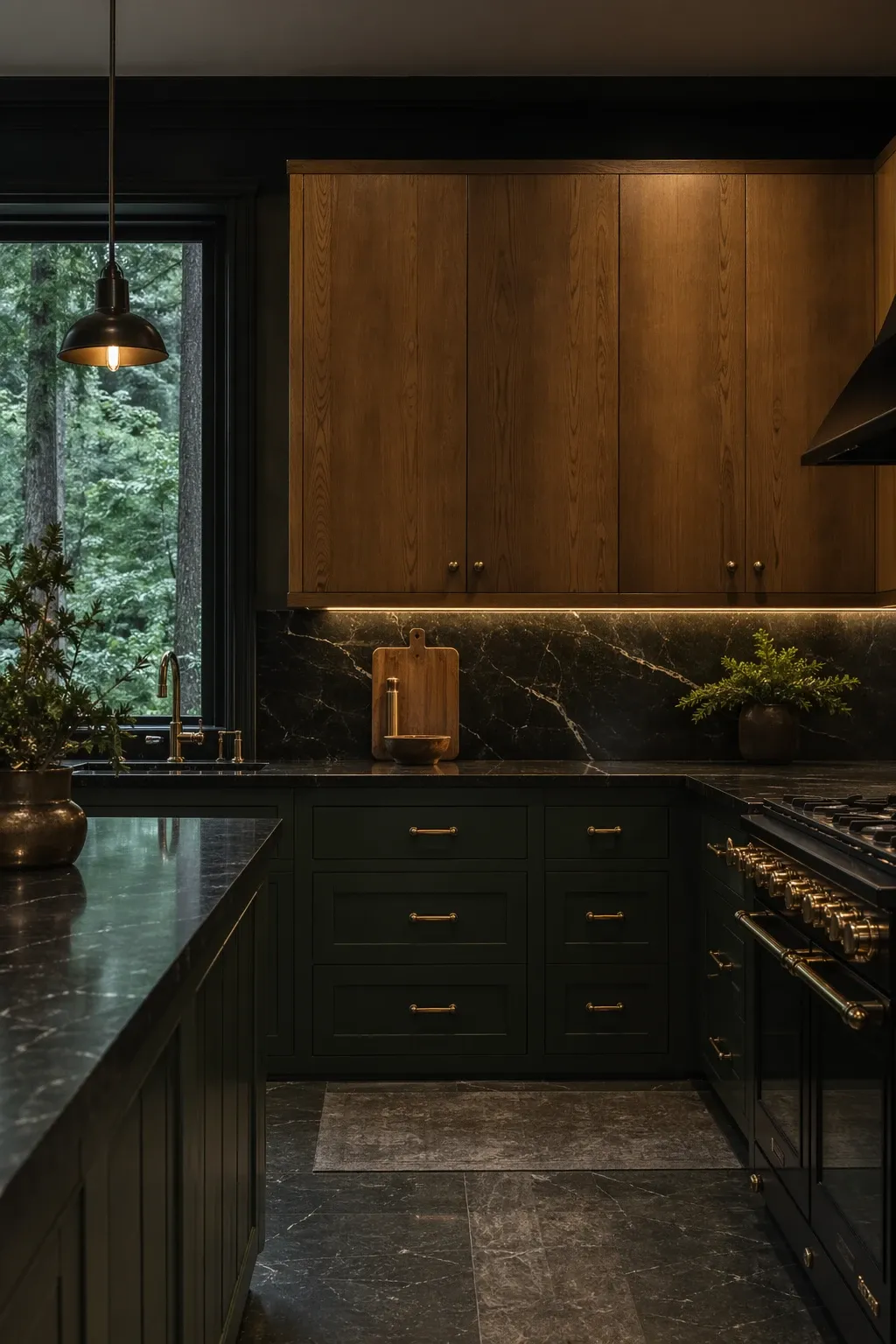 deep emerald and brass-toned wood in a kitchen