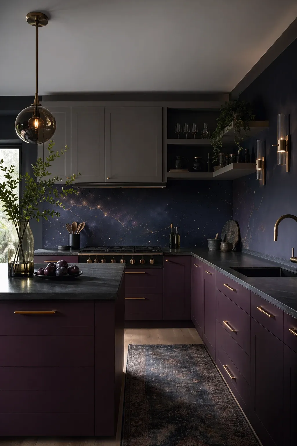 deep plum and soft grey in a kitchen