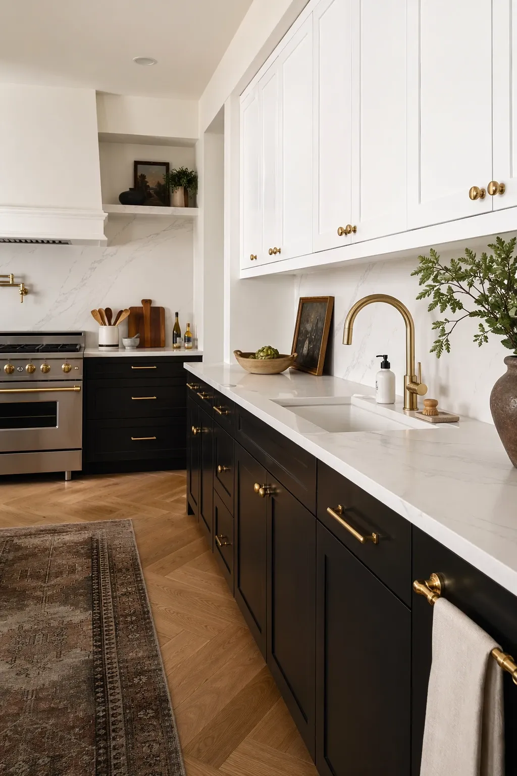 matte black and crisp white in a kitchen
