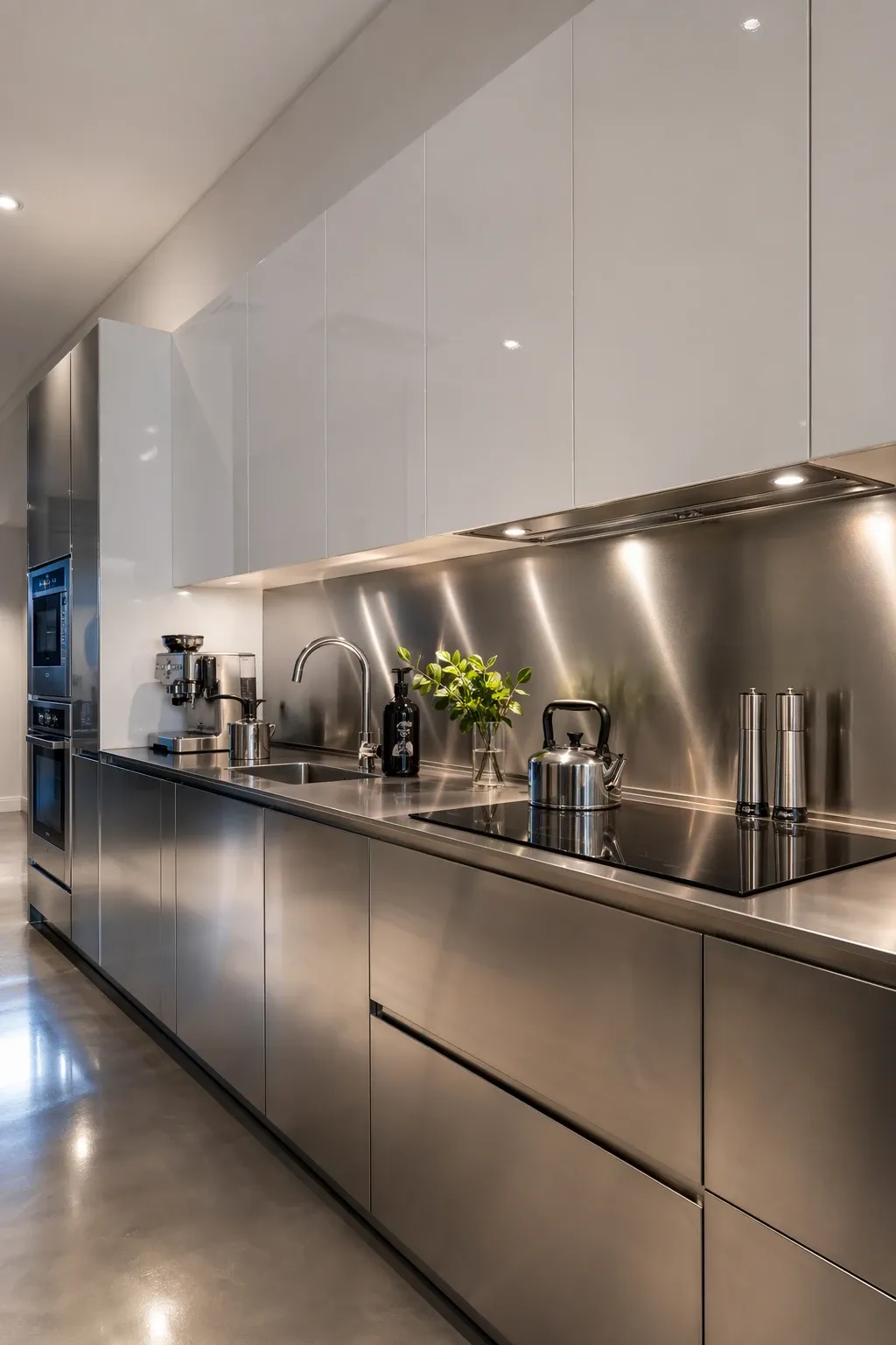 metallic silver and glossy white in a kitchen