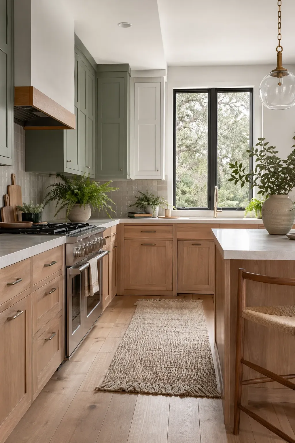 natural oak and sage green in a kitchen