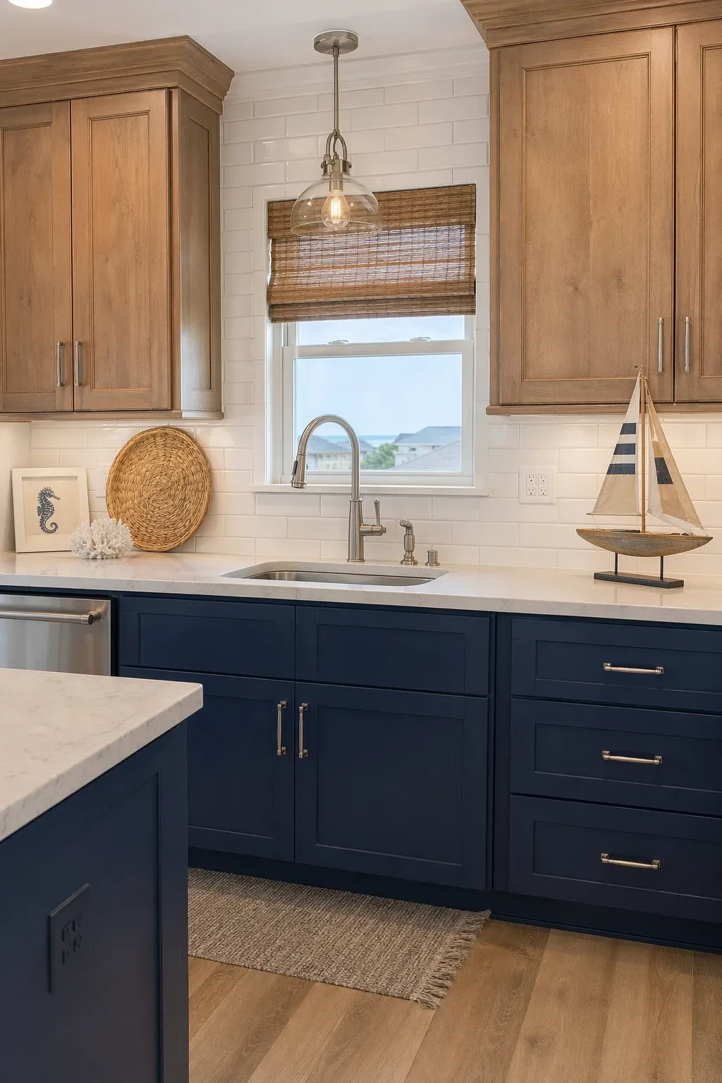navy blue and driftwood in a kitchen