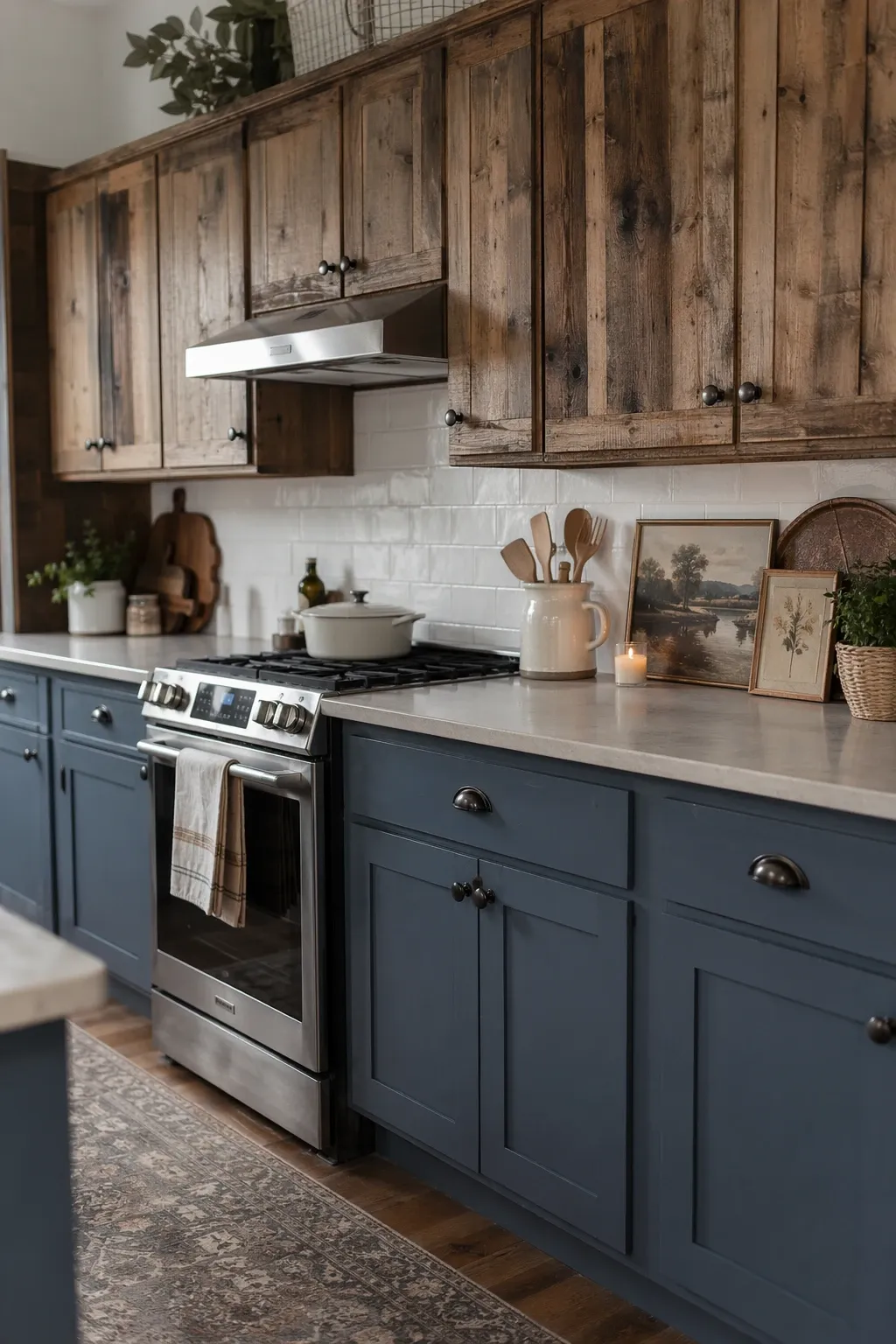 slate blue and reclaimed wood in a kitchen