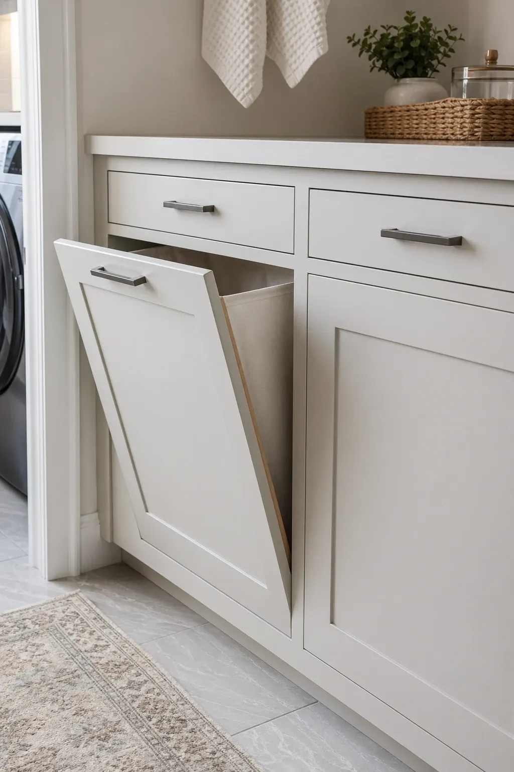 built-in laundry hamper in a closet