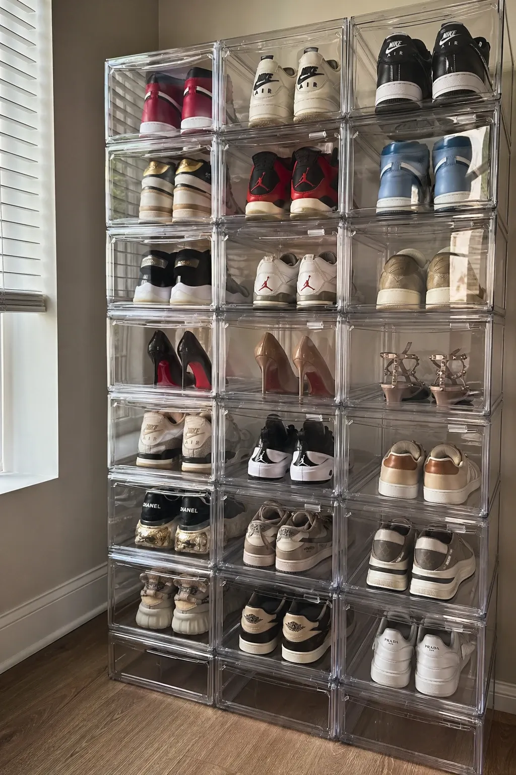 clear shoe boxes in a closet