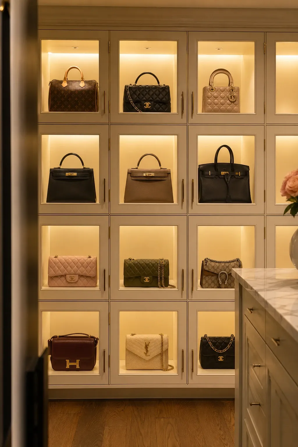 handbag cubbies in a closet
