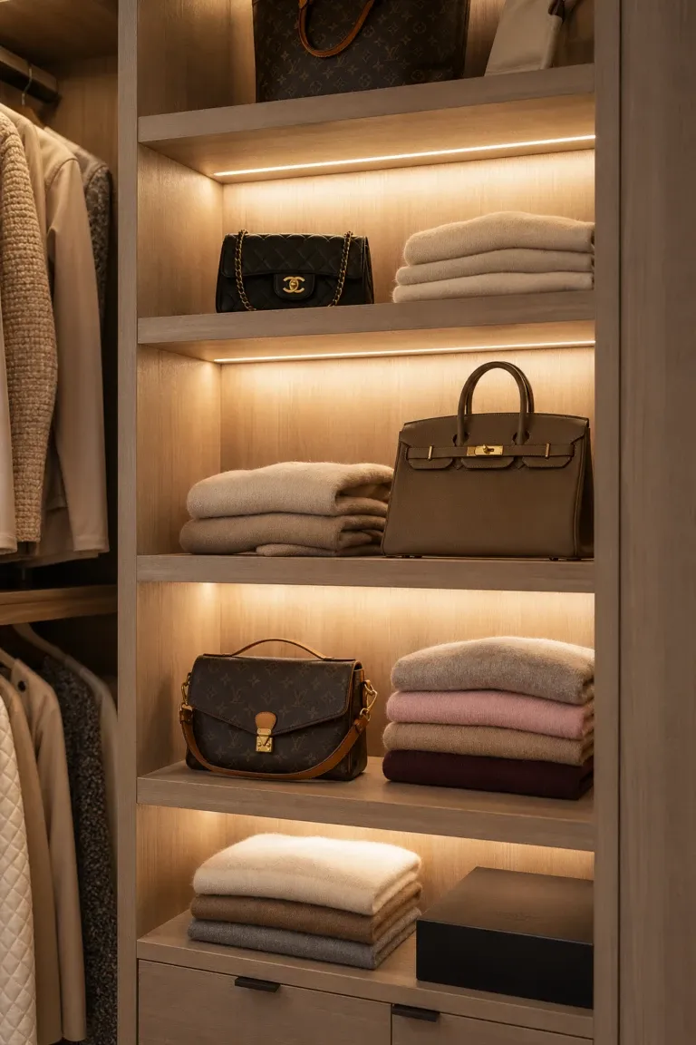 open shelving with led lighting in a closet