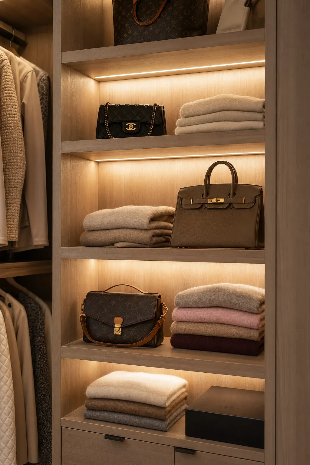 open shelving with led lighting in a closet