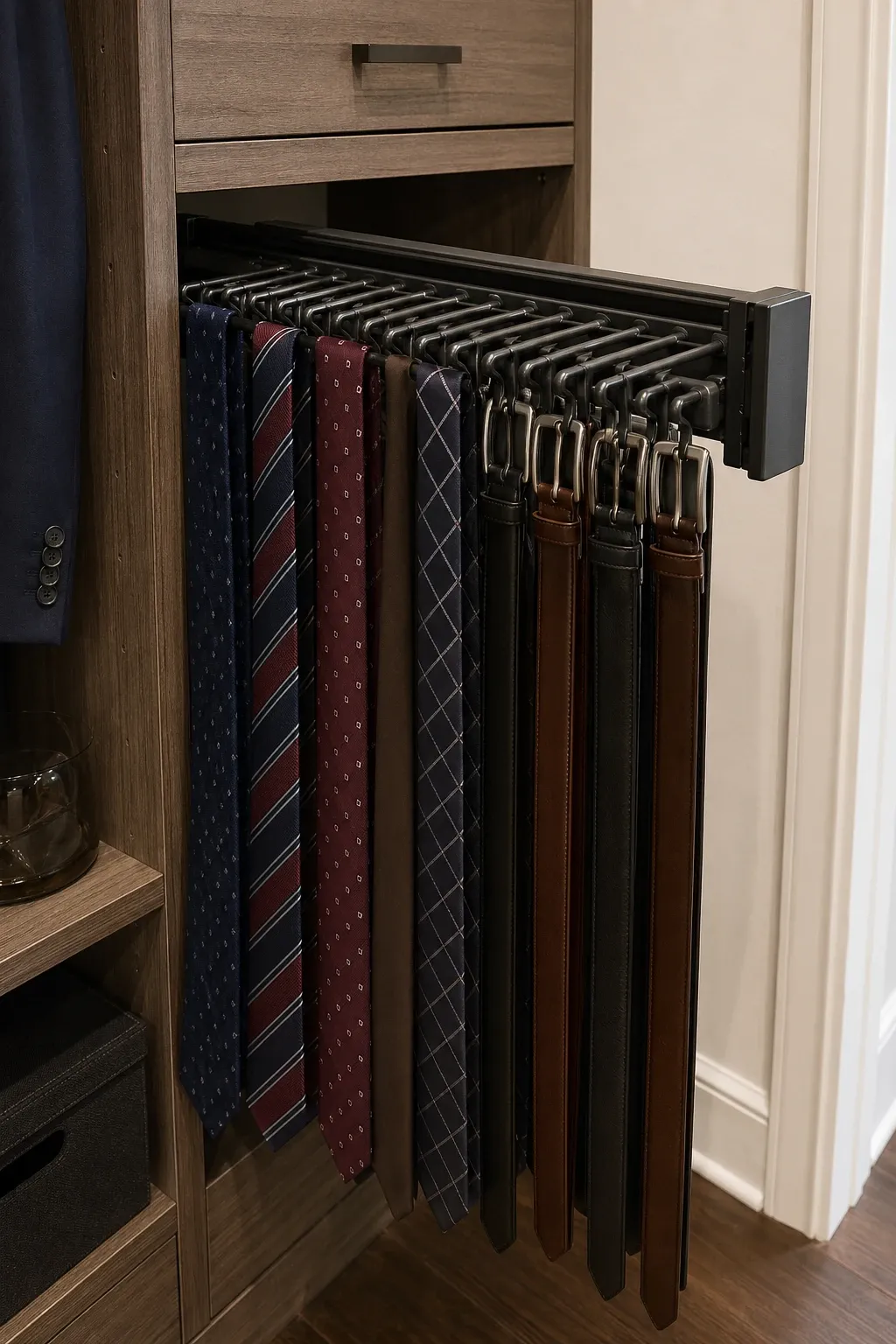 sliding tie and belt racks in a closet