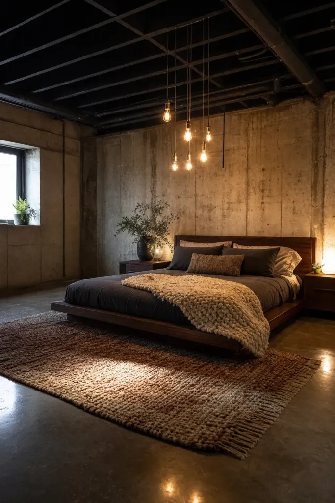 the industrial loft: raw concrete and steel with warmth in a bedroom