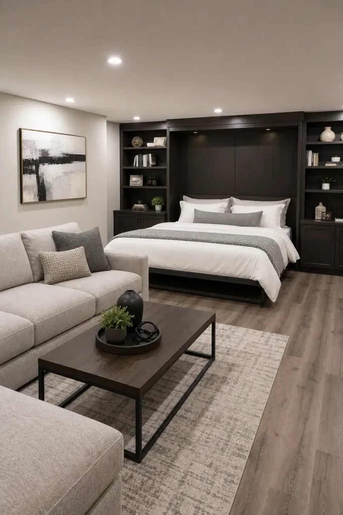 the murphy bed flex room: a basement that does everything in a bedroom